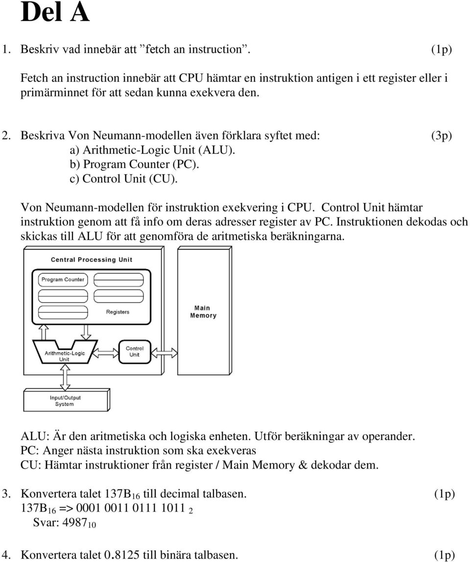 Control Unit hämtar instruktion genom att få info om deras adresser register av PC. Instruktionen dekodas och skickas till ALU för att genomföra de aritmetiska beräkningarna.