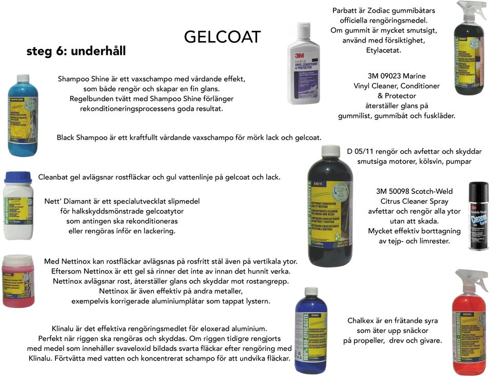 3M 09023 Marine Vinyl Cleaner, Conditioner & Protector återställer glans på gummilist, gummibåt och fuskläder. Black Shampoo är ett kraftfullt vårdande vaxschampo för mörk lack och gelcoat.