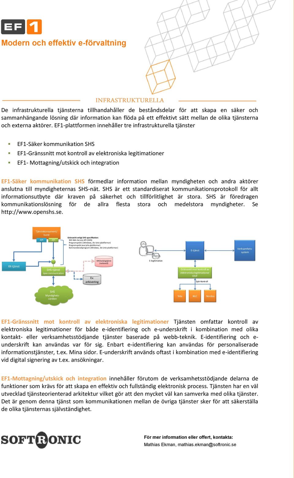 EF1-plattformen innehåller tre infrastrukturella tjänster EF1-Säker kommunikation SHS EF1-Gränssnitt mot kontroll av elektroniska legitimationer EF1- Mottagning/utskick och integration EF1-Säker