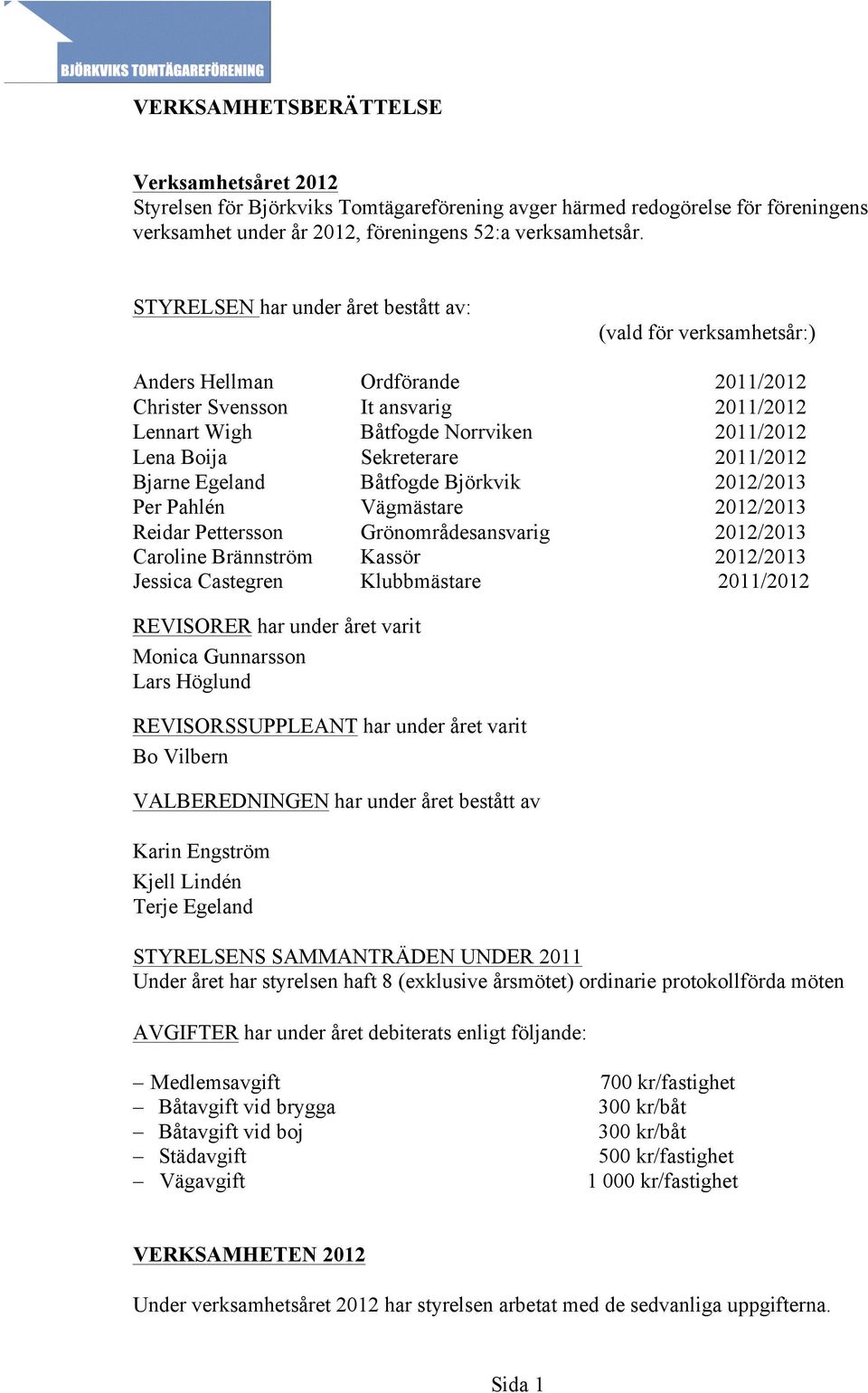 Sekreterare 2011/2012 Bjarne Egeland Båtfogde Björkvik 2012/2013 Per Pahlén Vägmästare 2012/2013 Reidar Pettersson Grönområdesansvarig 2012/2013 Caroline Brännström Kassör 2012/2013 Jessica Castegren