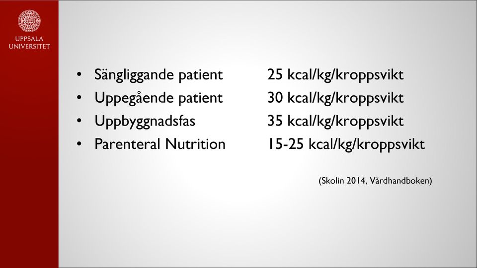 Uppbyggnadsfas 35 kcal/kg/kroppsvikt Parenteral