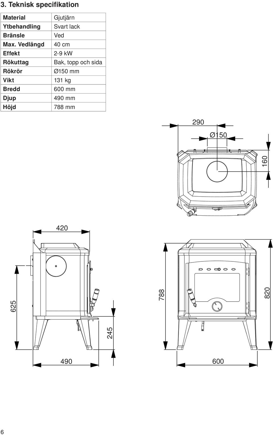 Svart lack Ved 40 cm 2-9 kw Bak, topp och sida Ø150 mm 131 kg