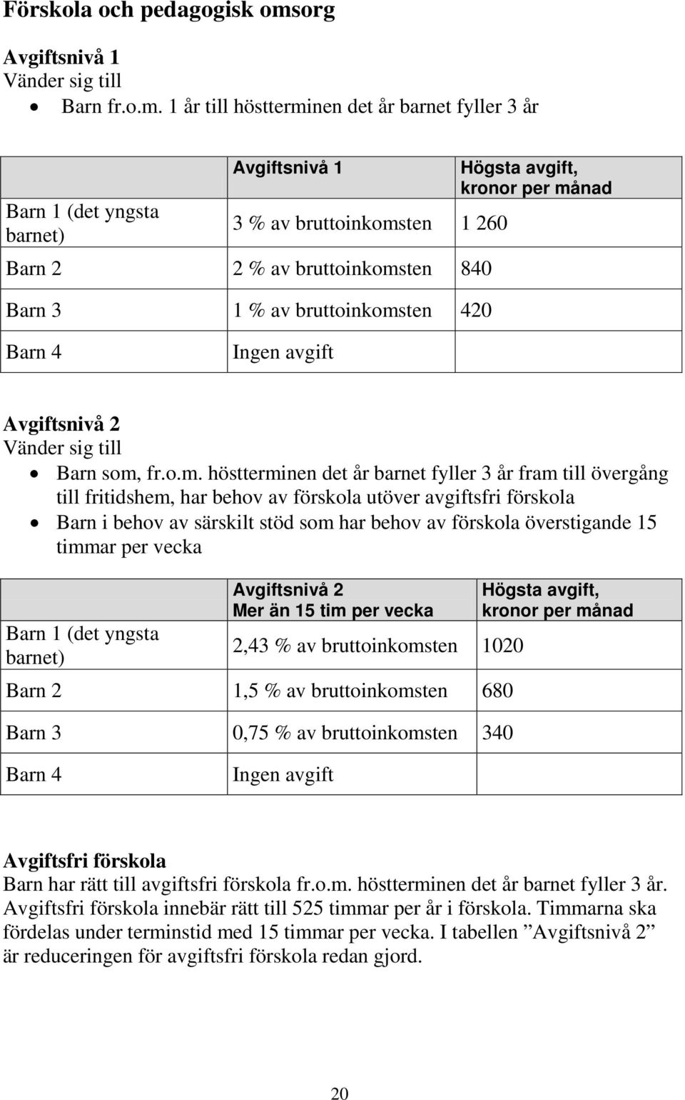 1 år till höstterminen det år barnet fyller 3 år Barn 1 (det yngsta barnet) Avgiftsnivå 1 3 % av bruttoinkomsten 1 260 Barn 2 2 % av bruttoinkomsten 840 Barn 3 1 % av bruttoinkomsten 420 Högsta