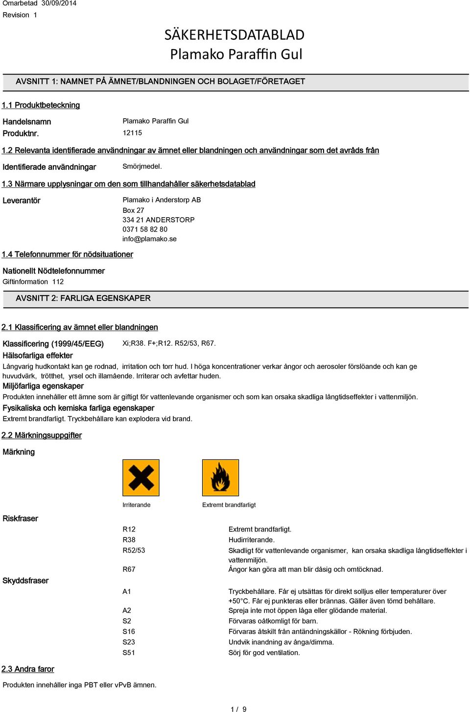 se 1.4 Telefonnummer för nödsituationer Nationellt Nödtelefonnummer Giftinformation 112 AVSNITT 2: FARLIGA EGENSKAPER 2.1 Klassificering av ämnet eller blandningen Klassificering (1999/45/EEG) Xi;R38.