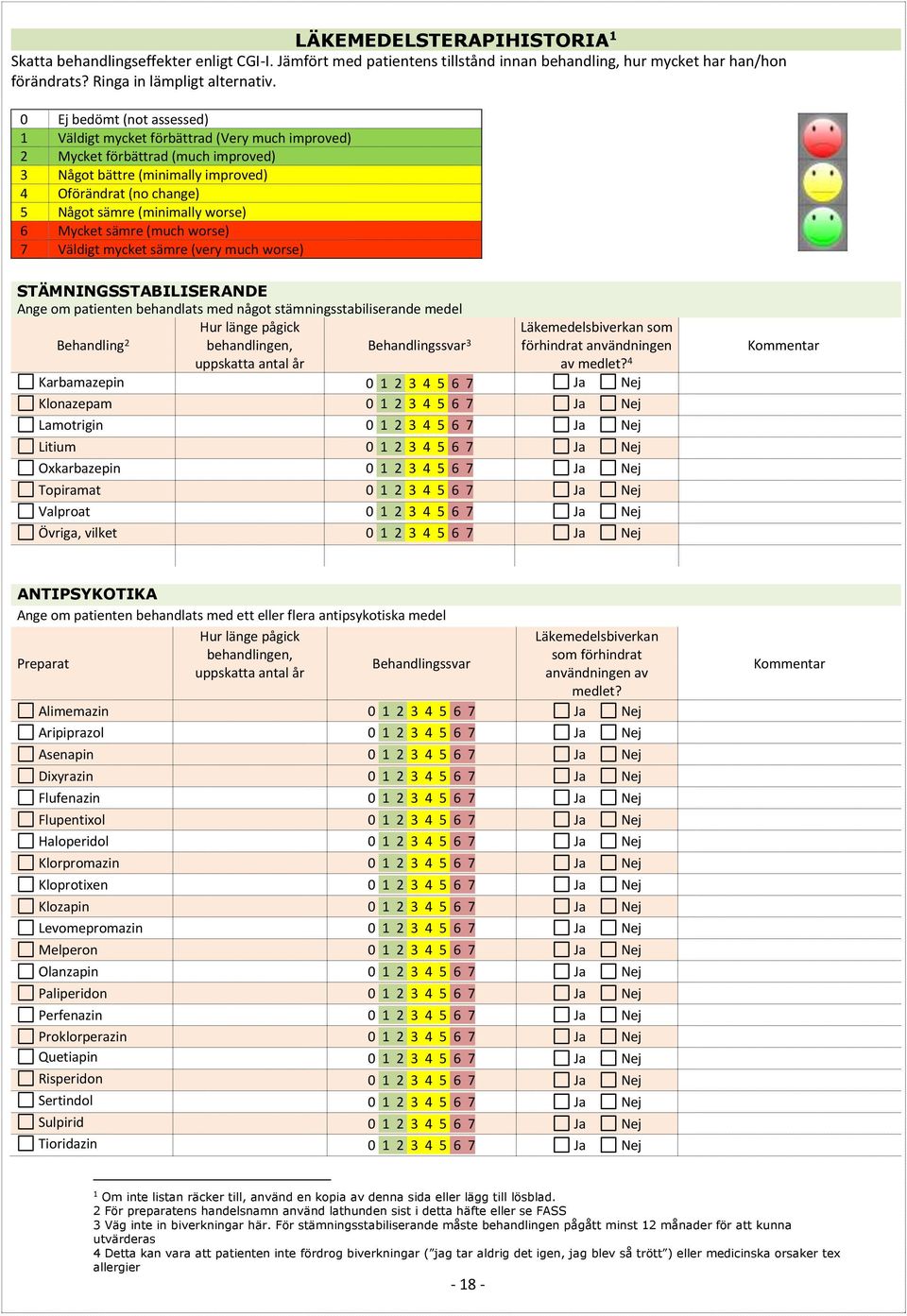 worse) 6 Mycket sämre (much worse) 7 Väldigt mycket sämre (very much worse) STÄMNINGSSTABILISERANDE Ange om patienten behandlats med något stämningsstabiliserande medel Behandling 2 Hur länge pågick