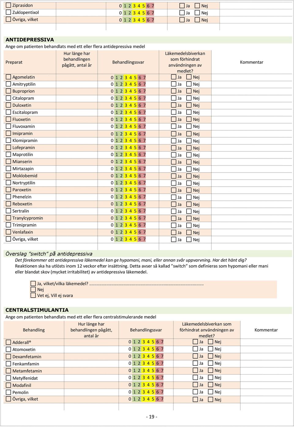 Agomelatin 0 1 2 3 4 5 6 7 Ja Nej Amitryptilin 0 1 2 3 4 5 6 7 Ja Nej Buproprion 0 1 2 3 4 5 6 7 Ja Nej Citalopram 0 1 2 3 4 5 6 7 Ja Nej Duloxetin 0 1 2 3 4 5 6 7 Ja Nej Escitalopram 0 1 2 3 4 5 6 7