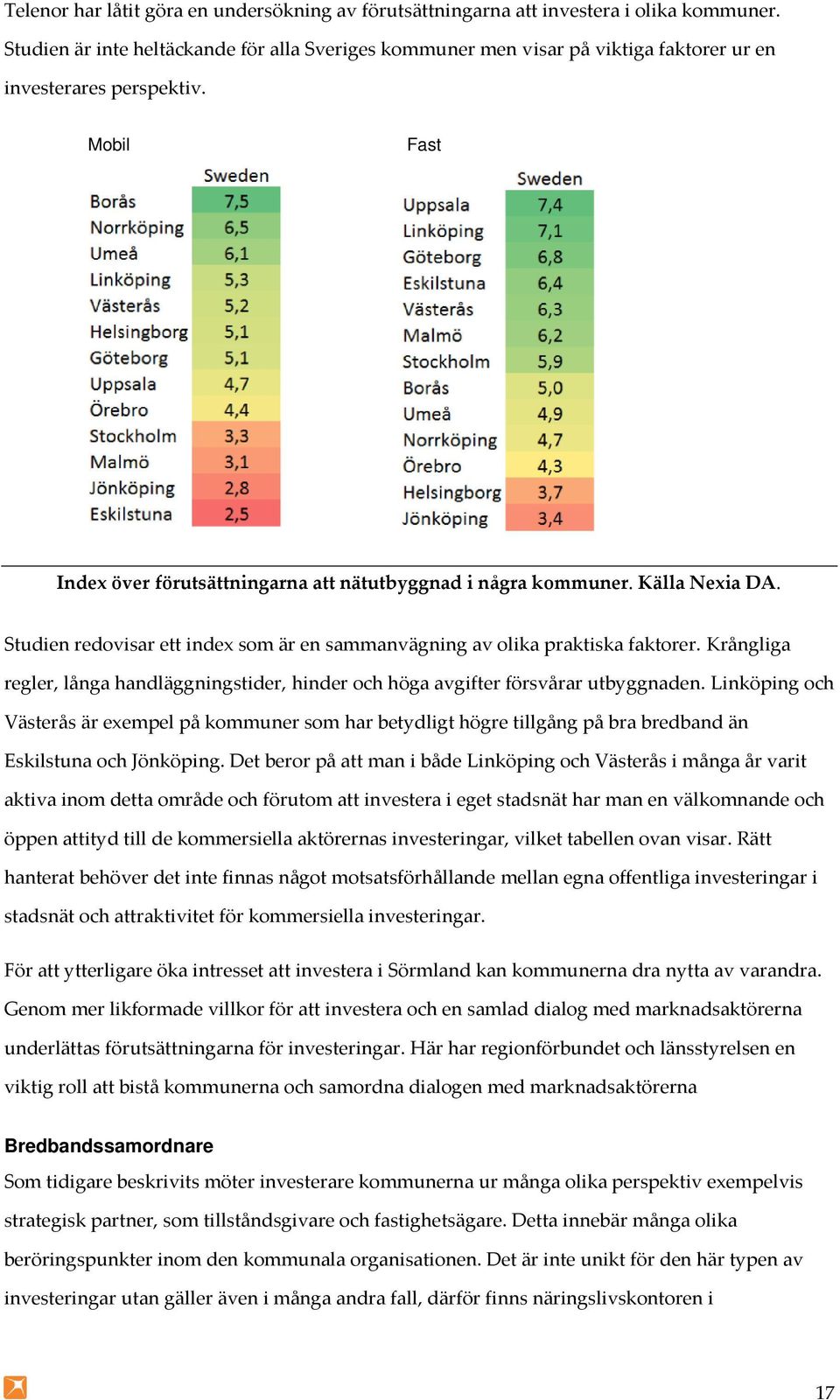 Källa Nexia DA. Studien redovisar ett index som är en sammanvägning av olika praktiska faktorer. Krångliga regler, långa handläggningstider, hinder och höga avgifter försvårar utbyggnaden.
