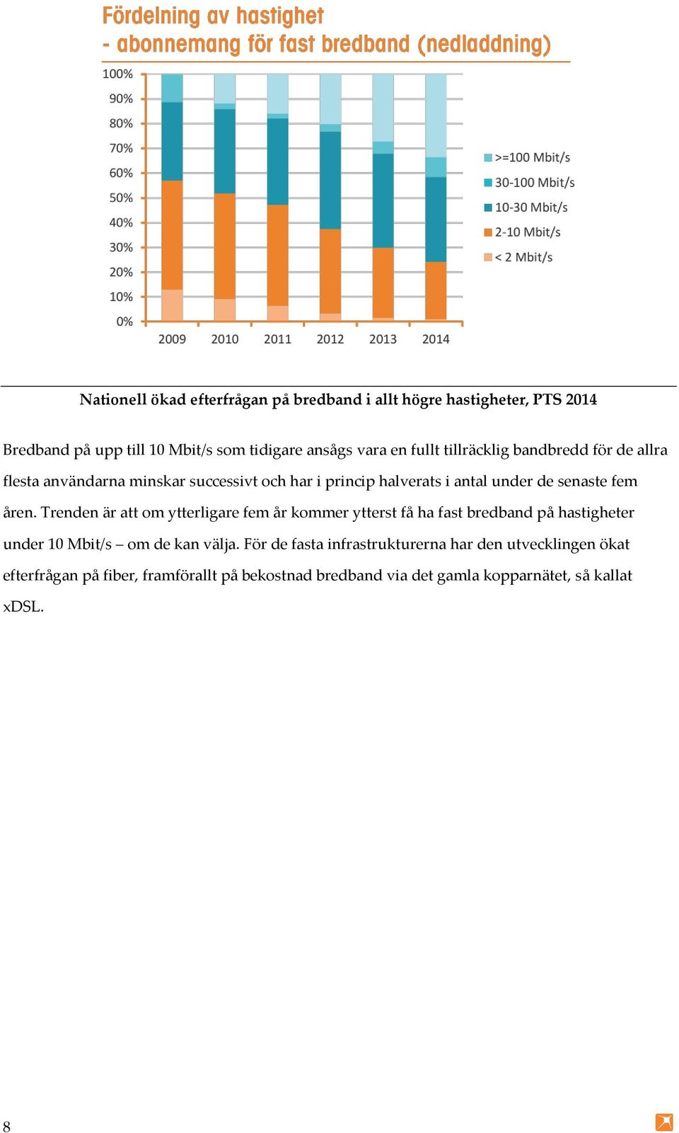åren. Trenden är att om ytterligare fem år kommer ytterst få ha fast bredband på hastigheter under 10 Mbit/s om de kan välja.