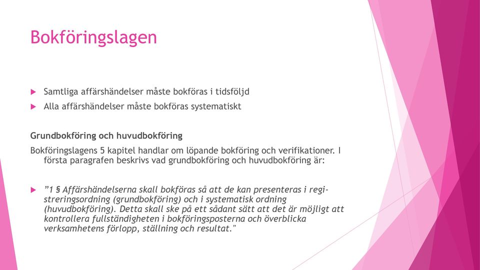 I första paragrafen beskrivs vad grundbokföring och huvudbokföring är: 1 Affärshändelserna skall bokföras så att de kan presenteras i