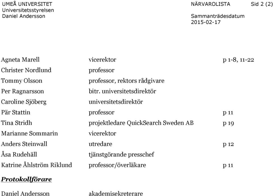 universitetsdirektör Caroline Sjöberg universitetsdirektör Pär Stattin professor p 11 Tina Stridh projektledare QuickSearch Sweden AB p 19