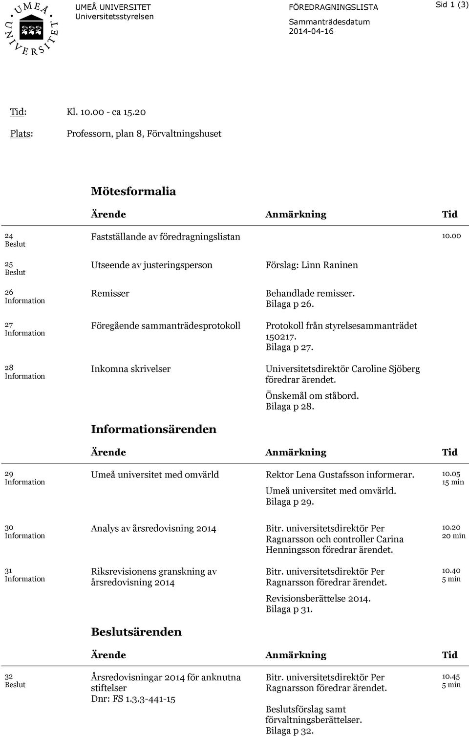 00 25 Beslut 26 Information 27 Information 28 Information Utseende av justeringsperson Remisser Föregående sammanträdesprotokoll Inkomna skrivelser Informationsärenden Förslag: Linn Raninen