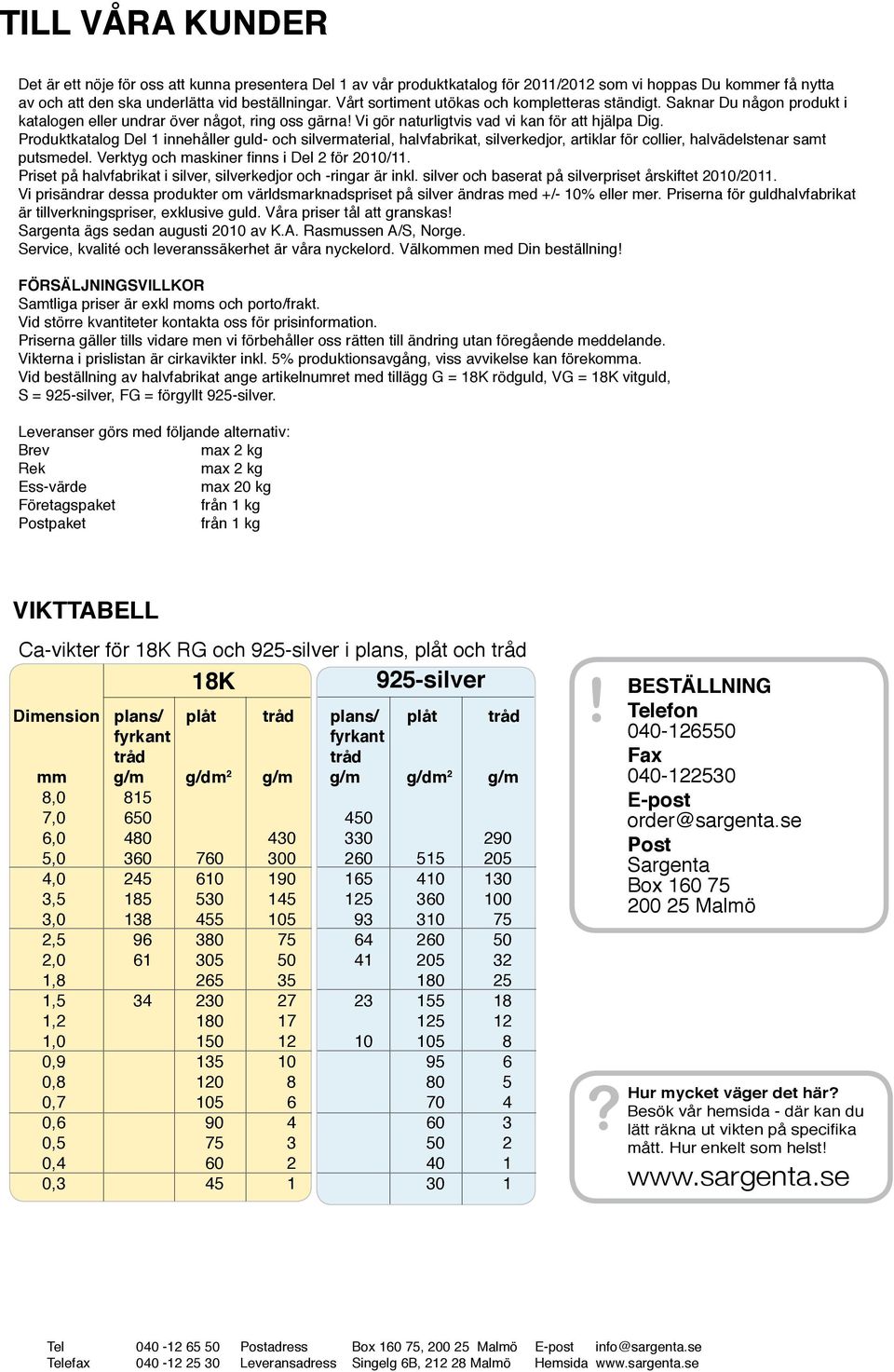 Produktkatalog Del 1 innehåller guld- och silvermaterial, halvfabrikat, silverkedjor, artiklar för collier, halvädelstenar samt putsmedel. Verktyg och maskiner finns i Del 2 för 2010/11.