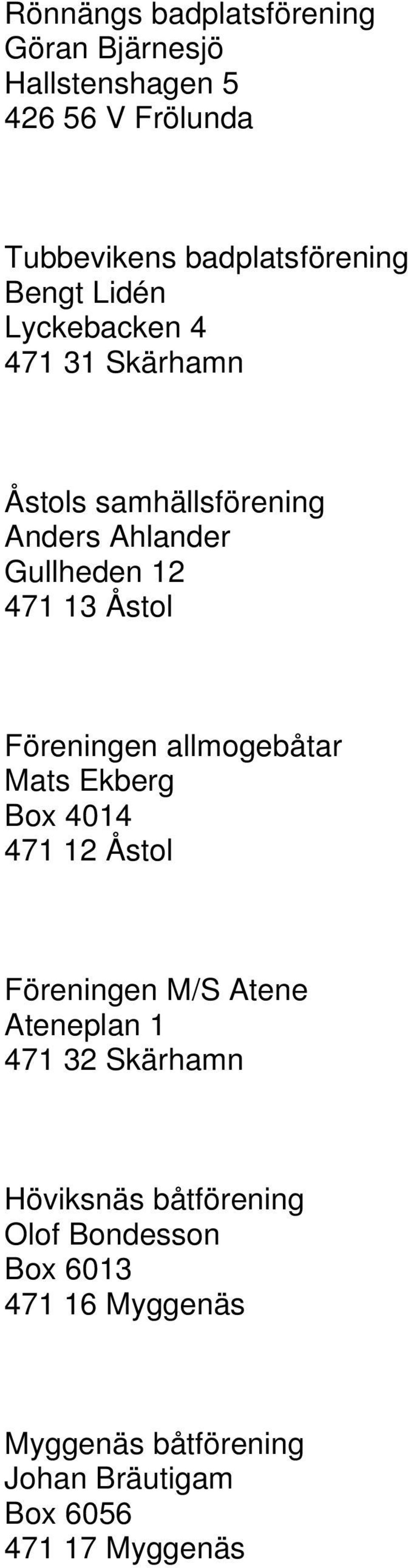 Åstol Föreningen allmogebåtar Mats Ekberg Box 4014 471 12 Åstol Föreningen M/S Atene Ateneplan 1 Höviksnäs