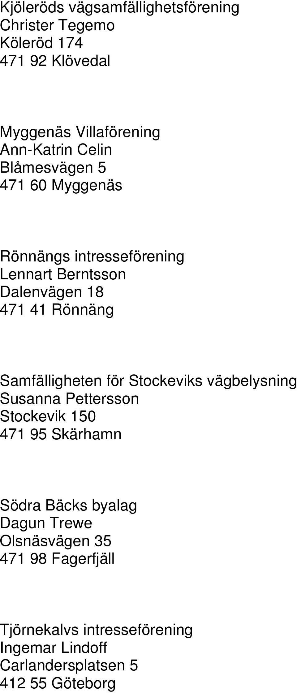 Samfälligheten för Stockeviks vägbelysning Susanna Pettersson Stockevik 150 471 95 Skärhamn Södra Bäcks byalag