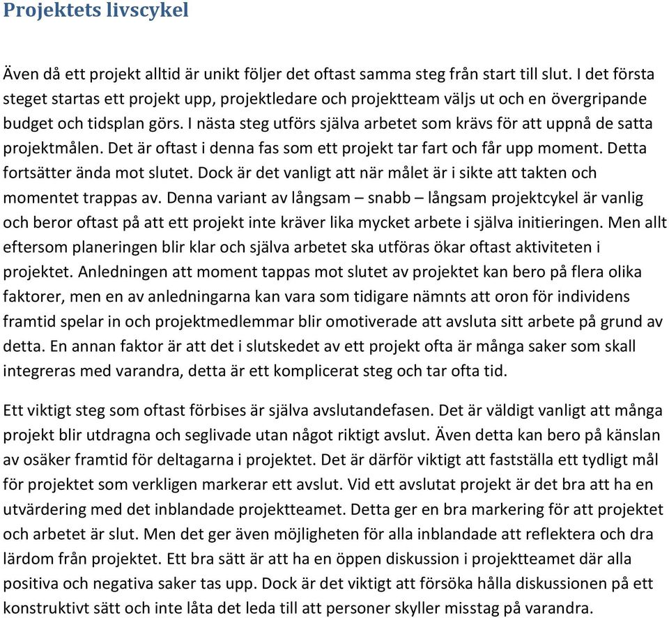 I nästa steg utförs själva arbetet som krävs för att uppnå de satta projektmålen. Det är oftast i denna fas som ett projekt tar fart och får upp moment. Detta fortsätter ända mot slutet.