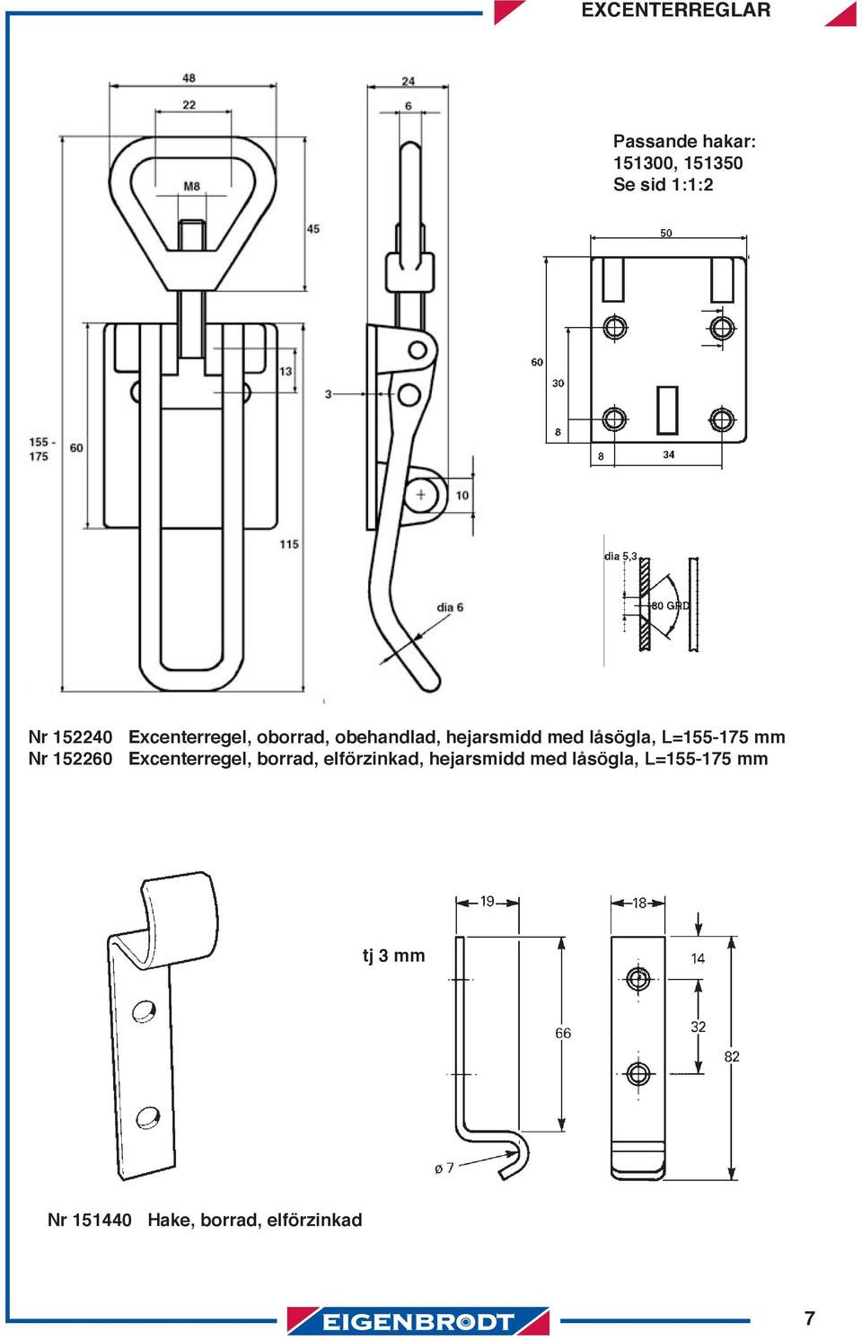 L=155-175 mm Nr 152260 Excenterregel, borrad, elförzinkad,