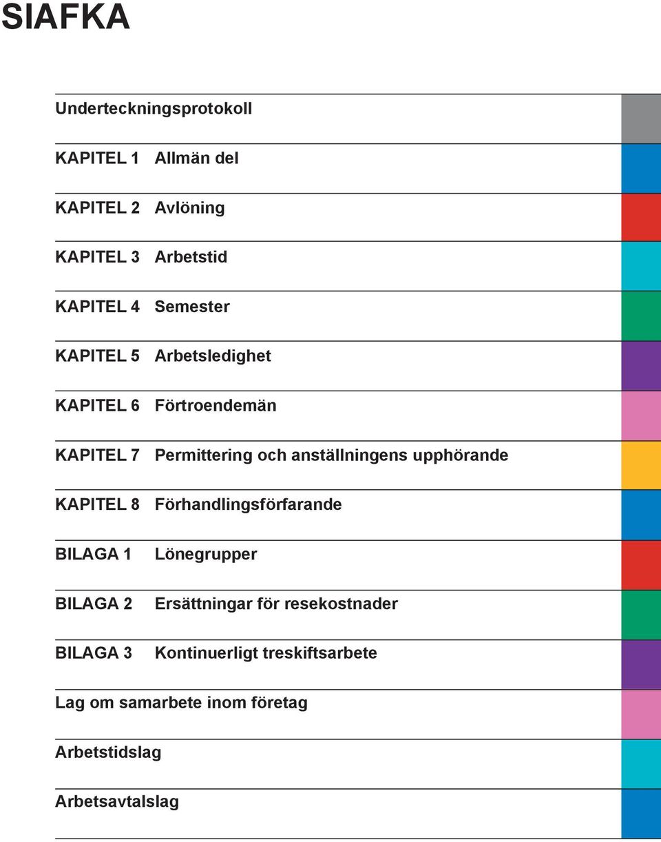 upphörande KAPITEL 8 Förhandlingsförfarande BILAGA 1 Lönegrupper BILAGA 2 Ersättningar för