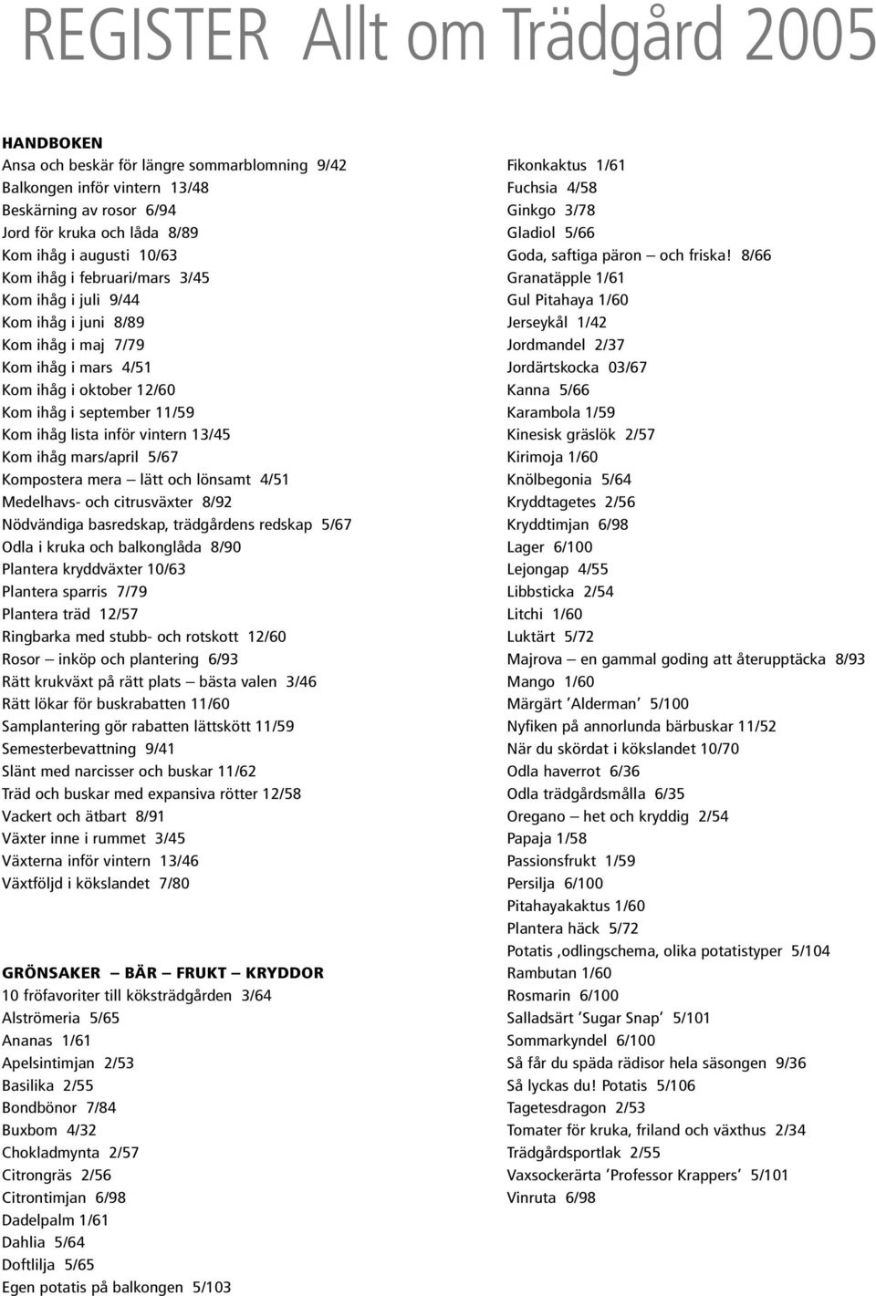 13/45 Kom ihåg mars/april 5/67 Kompostera mera lätt och lönsamt 4/51 Medelhavs- och citrusväxter 8/92 Nödvändiga basredskap, trädgårdens redskap 5/67 Odla i kruka och balkonglåda 8/90 Plantera