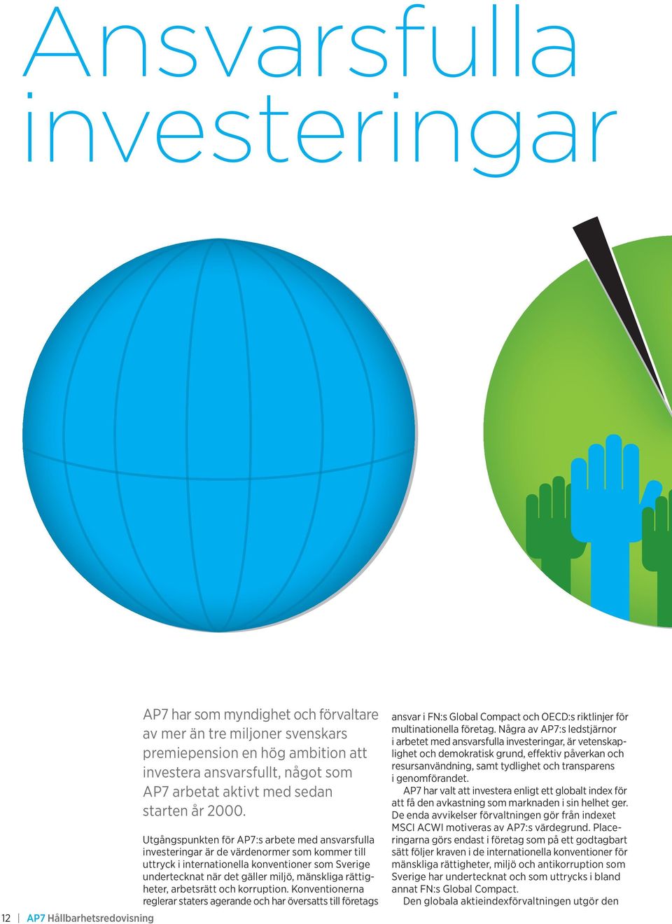 Utgångspunkten för AP7:s arbete med ansvarsfulla investeringar är de värdenormer som kommer till uttryck i internationella konventioner som Sverige undertecknat när det gäller miljö, mänskliga