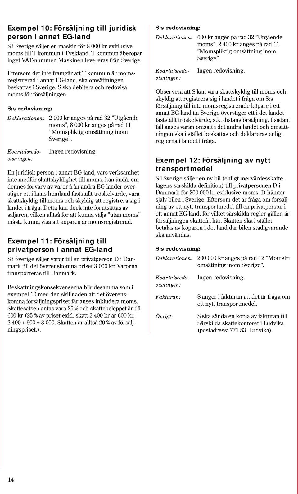 S:s redovisning: Deklarationen: 2 000 kr anges på rad 32 Utgående moms, 8 000 kr anges på rad 11 Momspliktig omsättning inom Sverige. Ingen redovisning.