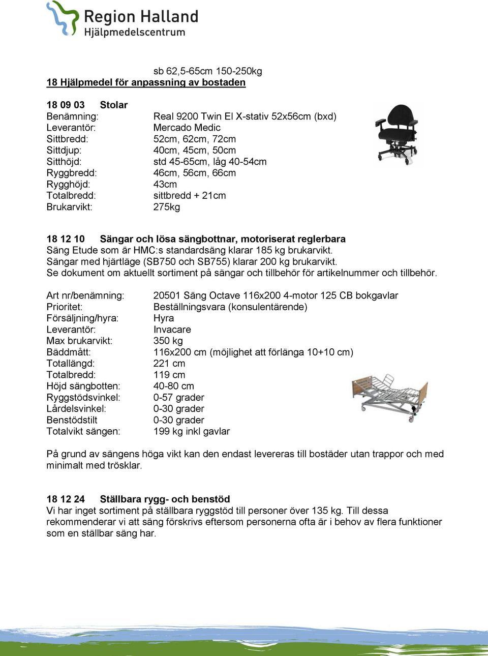 Sängar med hjärtläge (SB750 och SB755) klarar 200 kg brukarvikt. Se dokument om aktuellt sortiment på sängar och tillbehör för artikelnummer och tillbehör.