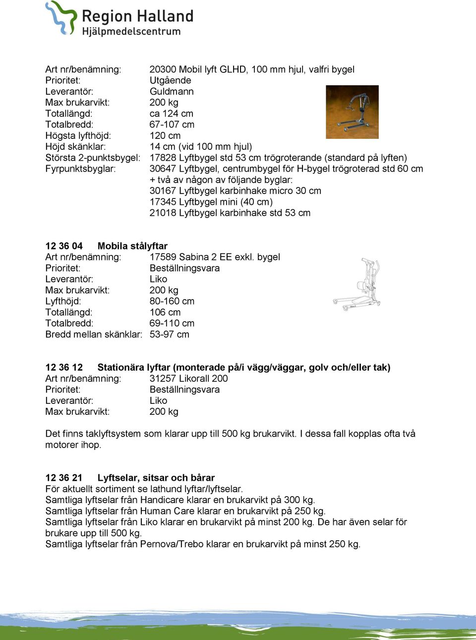 byglar: 30167 Lyftbygel karbinhake micro 30 cm 17345 Lyftbygel mini (40 cm) 21018 Lyftbygel karbinhake std 53 cm 12 36 04 Mobila stålyftar Art nr/benämning: 17589 Sabina 2 EE exkl.