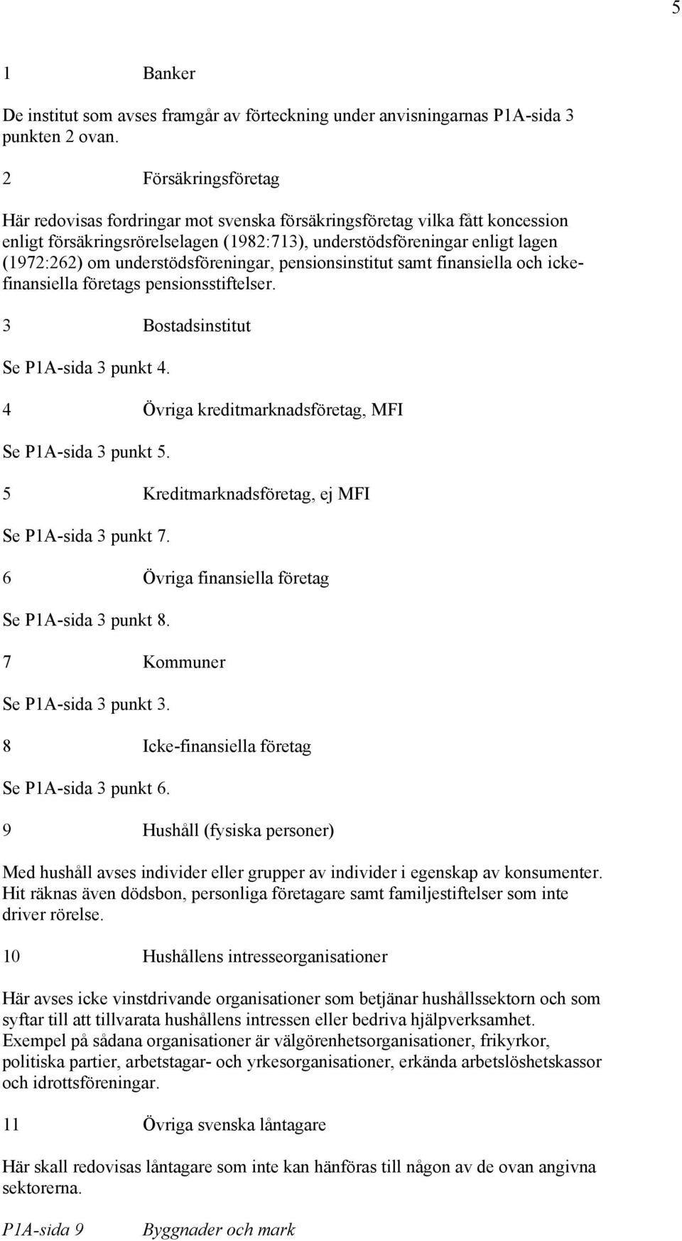 understödsföreningar, pensionsinstitut samt finansiella och ickefinansiella företags pensionsstiftelser. 3 Bostadsinstitut Se P1A-sida 3 punkt 4.