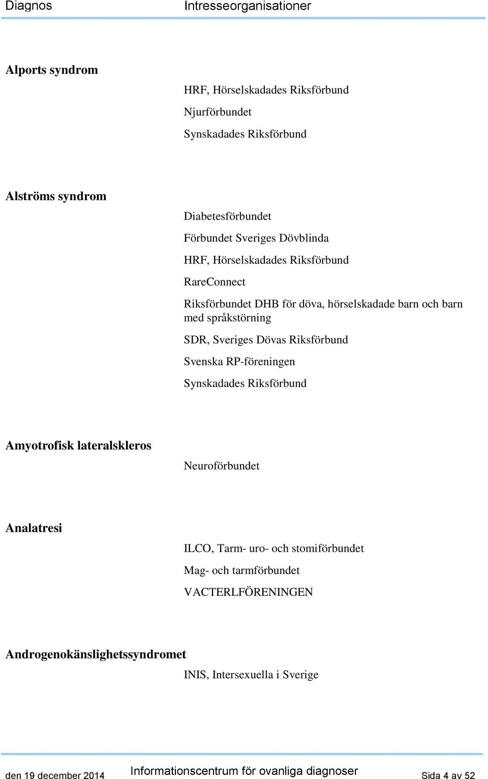 språkstörning SDR, Sveriges Dövas Riksförbund Svenska RP-föreningen Amyotrofisk lateralskleros Analatresi ILCO, Tarm-