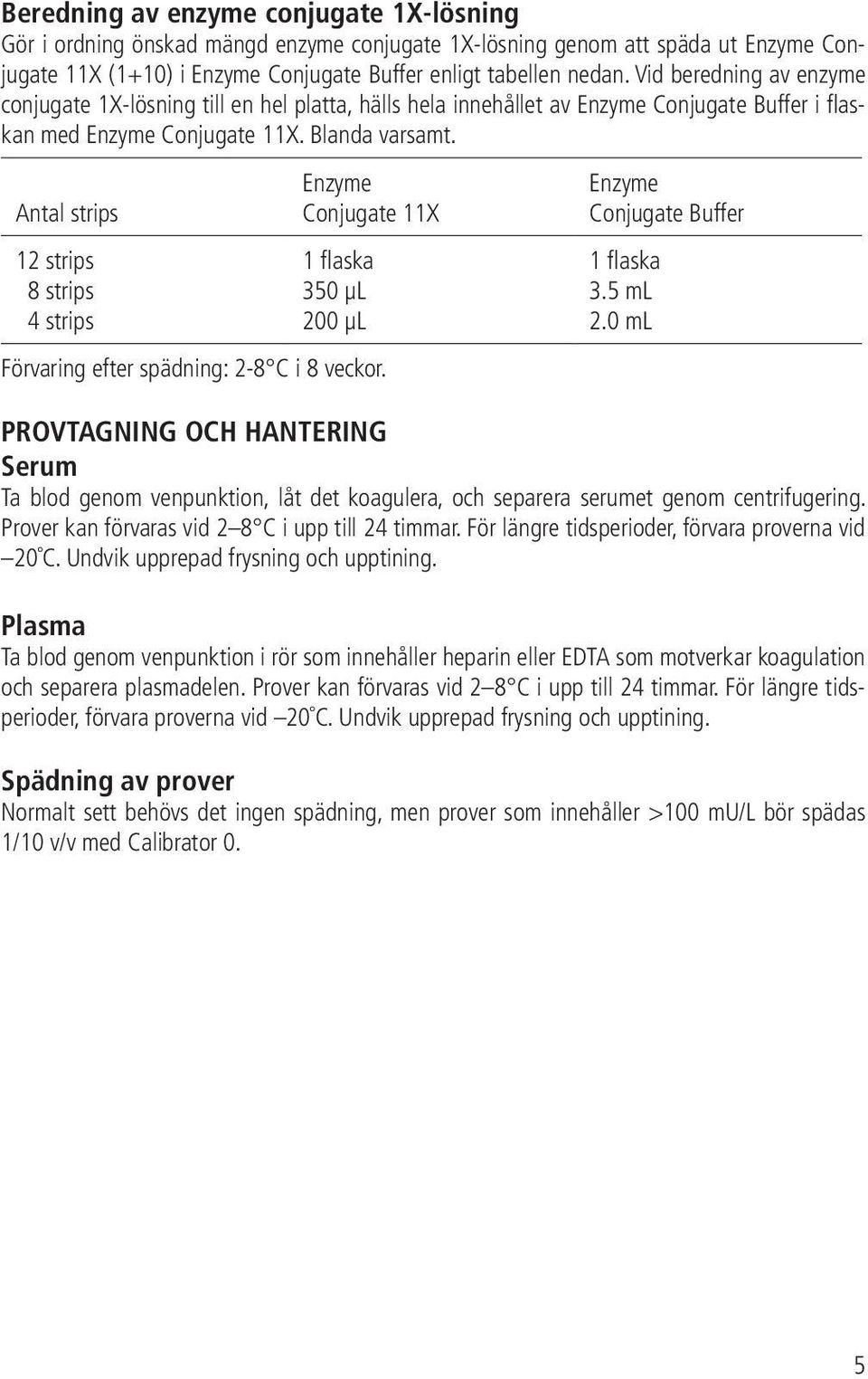 Antal strips 12 strips 8 strips 4 strips Enzyme Conjugate 11X 1 flaska 350 μl 200 μl Förvaring efter spädning: 2-8 C i 8 veckor. Enzyme Conjugate Buffer 1 flaska 3.5 ml 2.