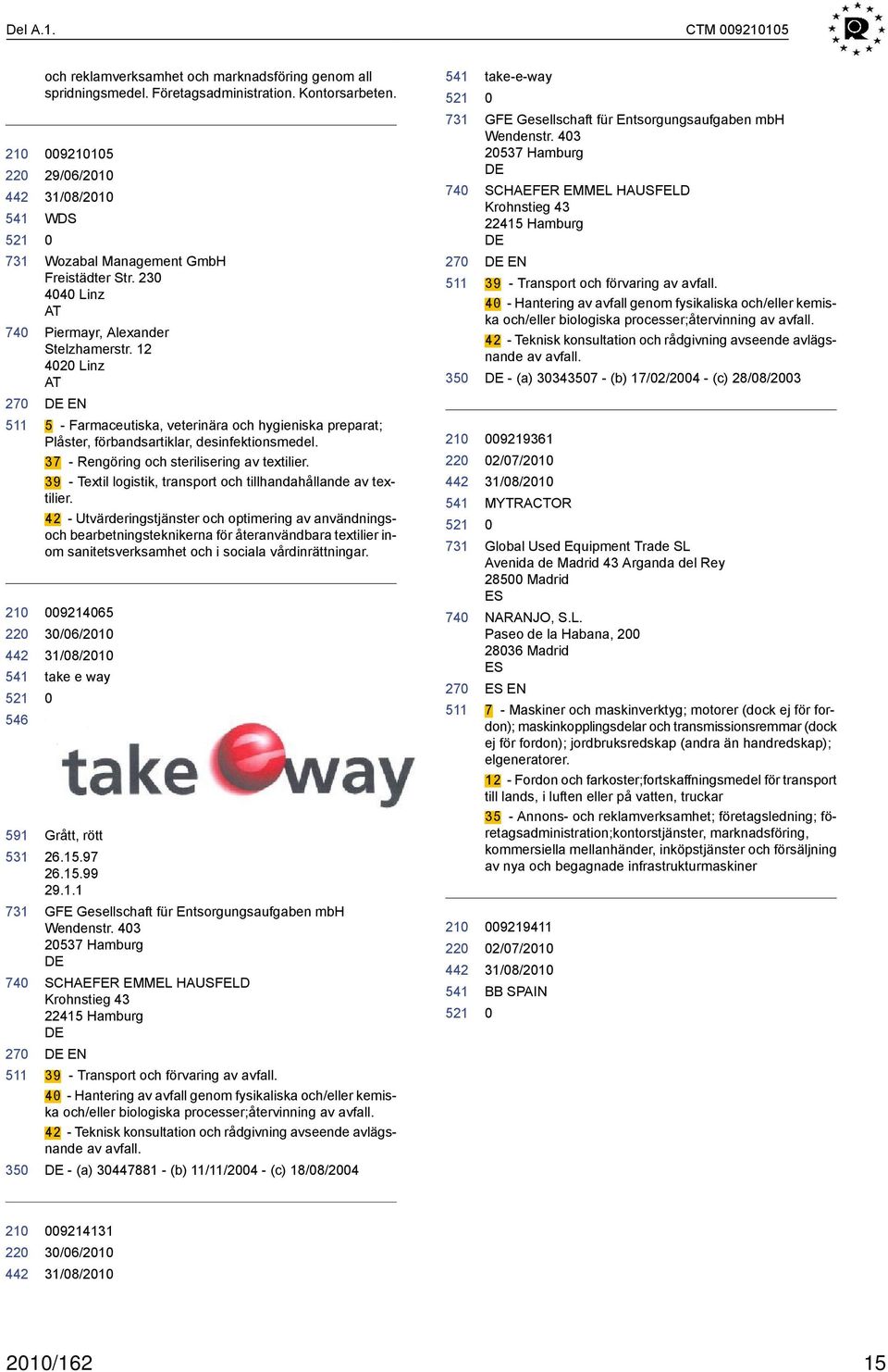 37 - Rengöring och sterilisering av textilier. 39 - Textil logistik, transport och tillhandahållande av textilier.