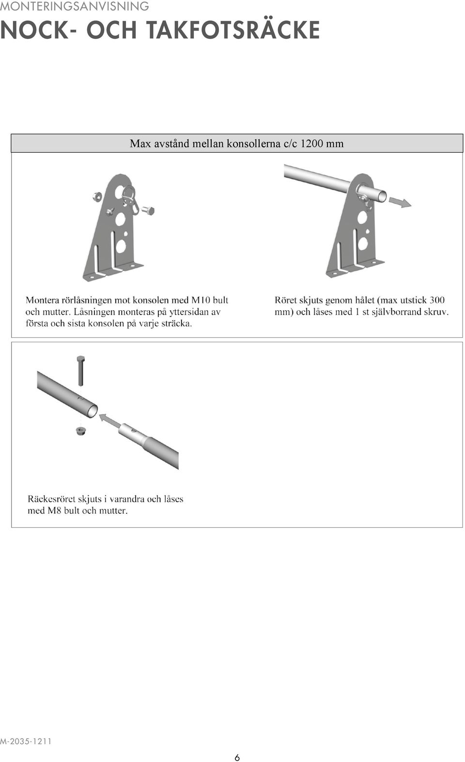 Snöräcket är ställbart i höjdled genom att låsskenan kan vändas nedåt. Avstånd underdel av grind till tak får ej överskrida 30 mm. OBS! Dra ej muttrarna så hårt att hållaren deformeras.