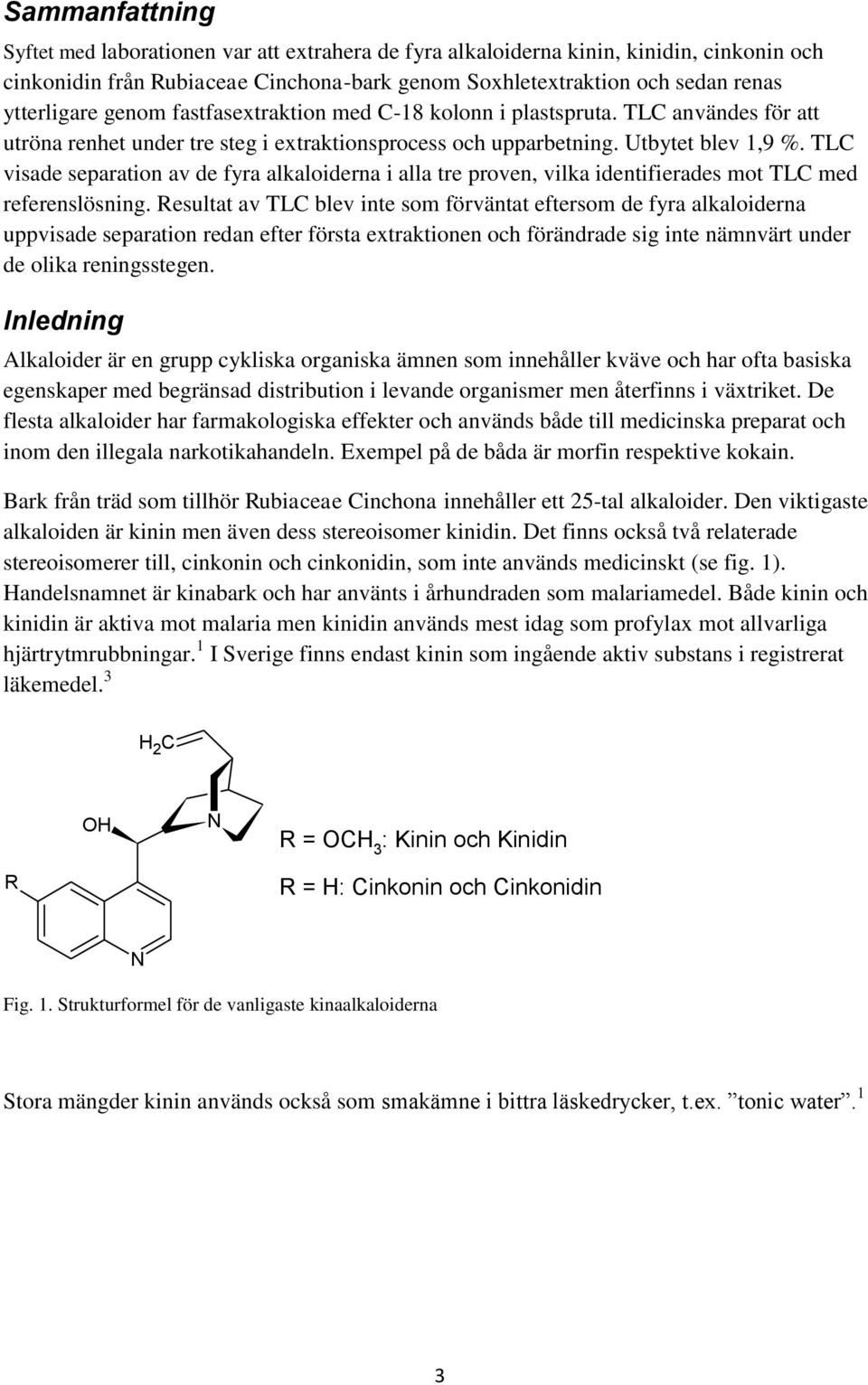 TLC visade separation av de fyra alkaloiderna i alla tre proven, vilka identifierades mot TLC med referenslösning.