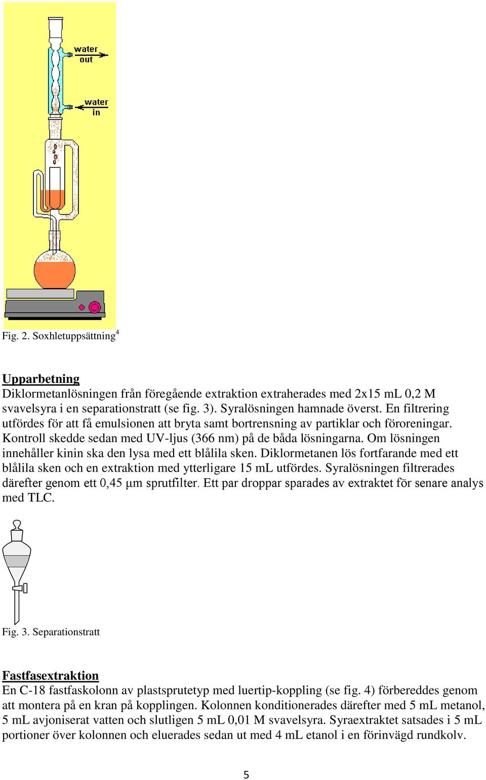 Om lösningen innehåller kinin ska den lysa med ett blålila sken. Diklormetanen lös fortfarande med ett blålila sken och en extraktion med ytterligare 15 ml utfördes.