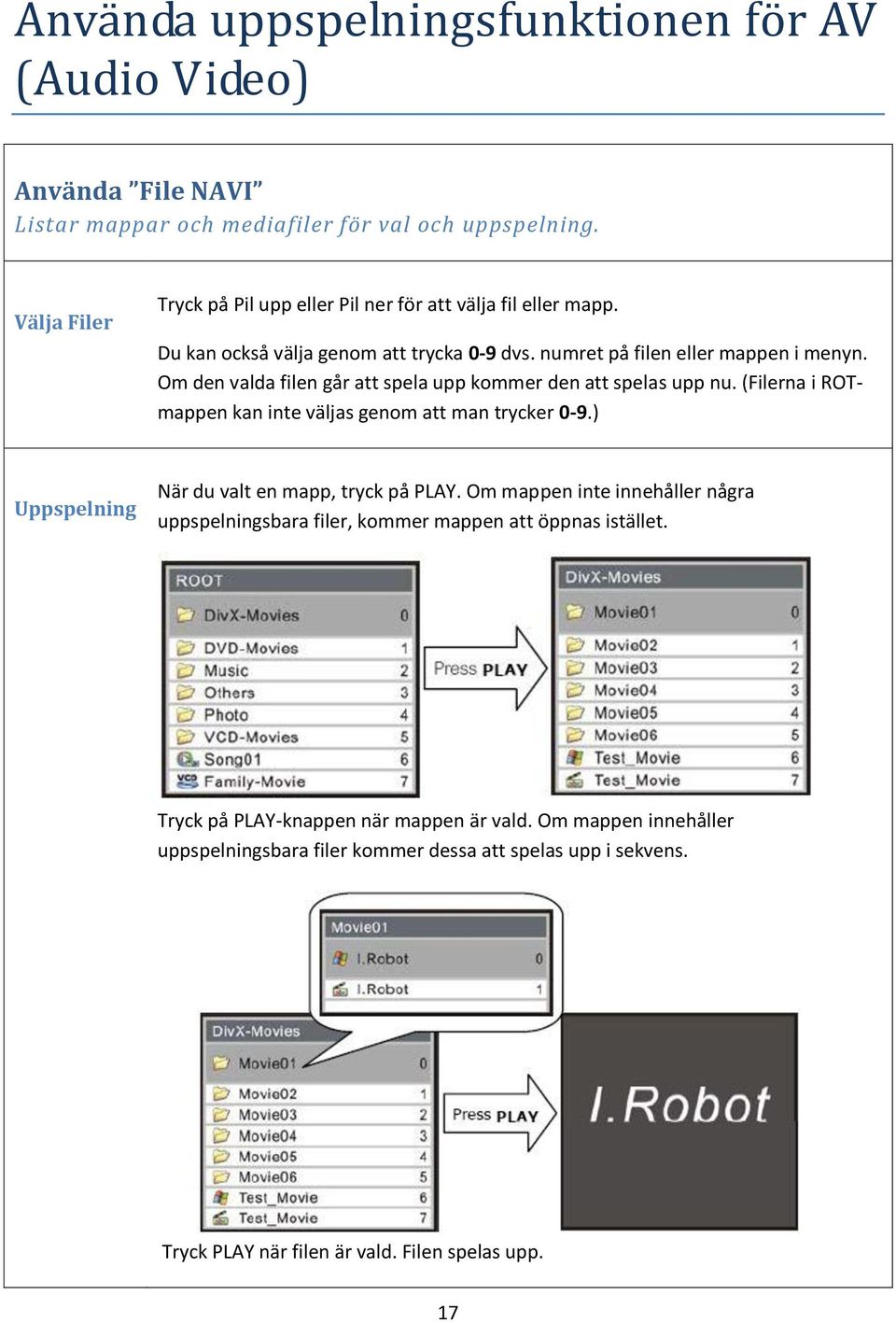 Om den valda filen går att spela upp kommer den att spelas upp nu. (Filerna i ROTmappen kan inte väljas genom att man trycker 0-9.) Uppspelning När du valt en mapp, tryck på PLAY.