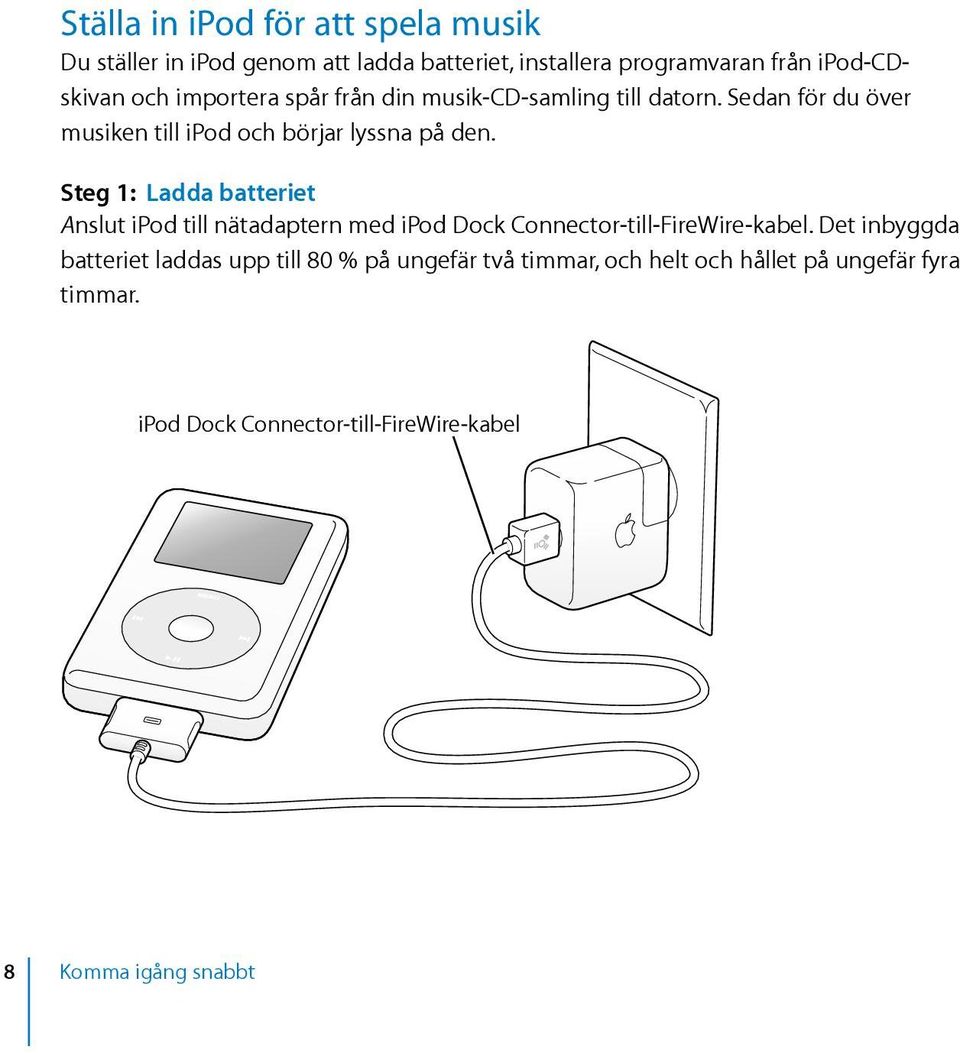 Steg 1: Ladda batteriet Anslut ipod till nätadaptern med ipod Dock Connector-till-FireWire-kabel.