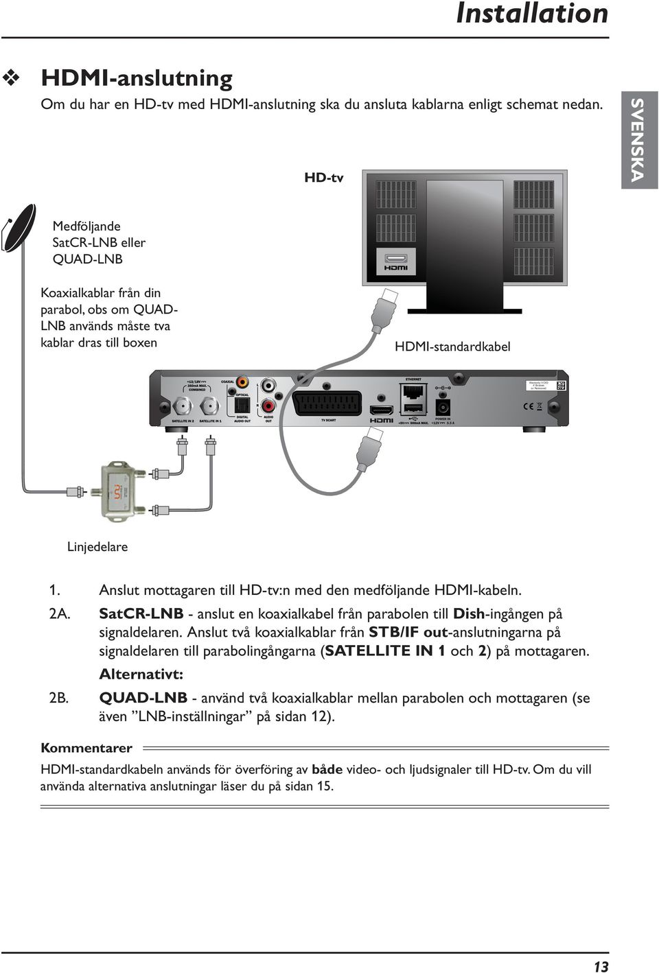 Linjedelare 1. Anslut mottagaren till HD-tv:n med den medföljande HDMI-kabeln. 2A. SatCR-LNB - anslut en koaxialkabel från parabolen till Dish-ingången på signaldelaren.