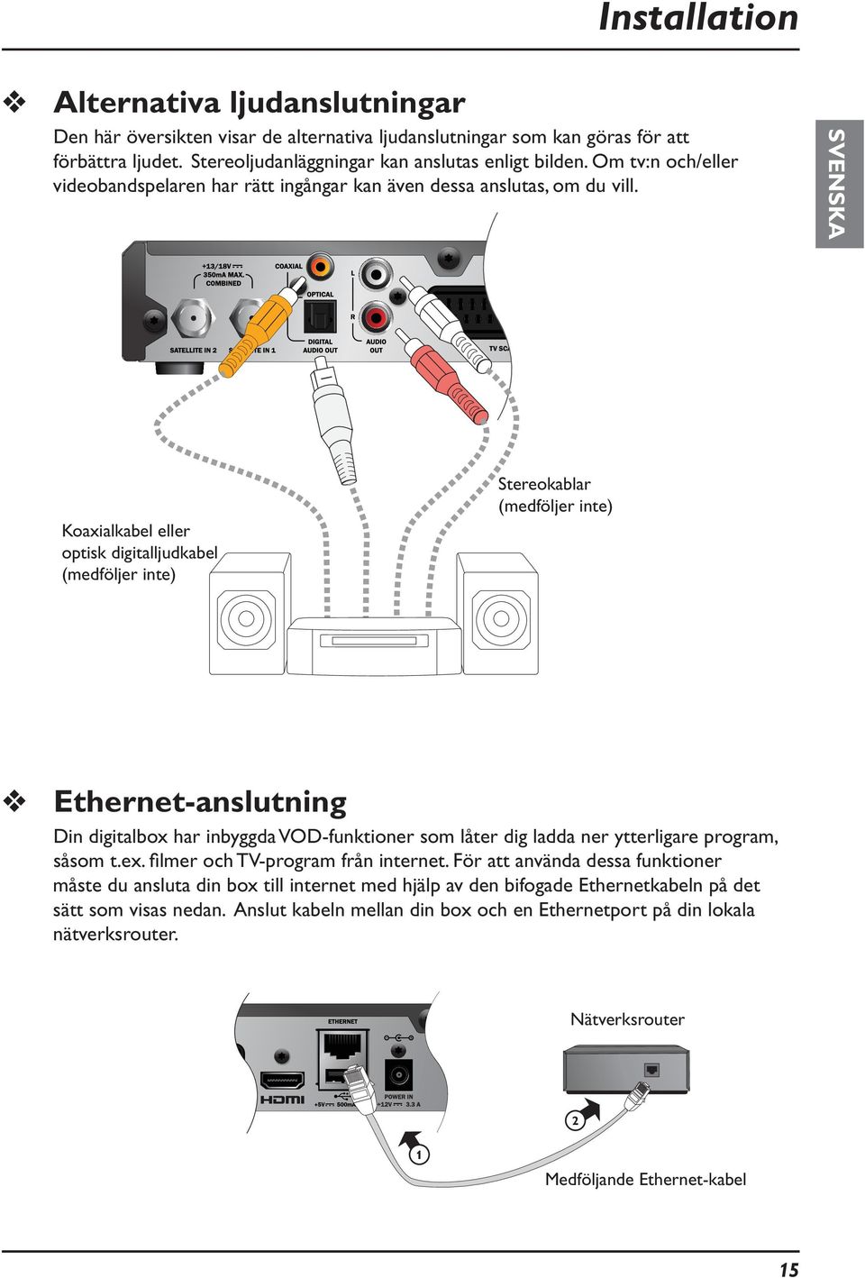 SVENSKA Koaxialkabel eller optisk digitalljudkabel (medföljer inte) Stereokablar (medföljer inte) Ethernet-anslutning Din digitalbox har inbyggda VOD-funktioner som låter dig ladda ner ytterligare