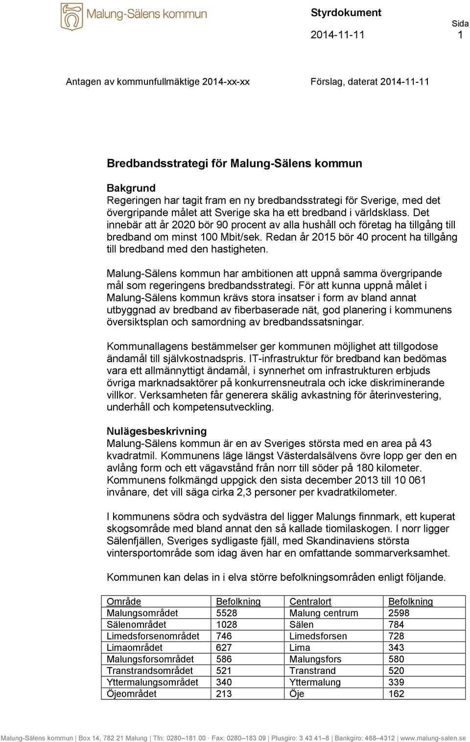 Redan år 2015 bör 40 procent ha tillgång till bredband med den hastigheten. Malung-Sälens kommun har ambitionen att uppnå samma övergripande mål som regeringens bredbandsstrategi.