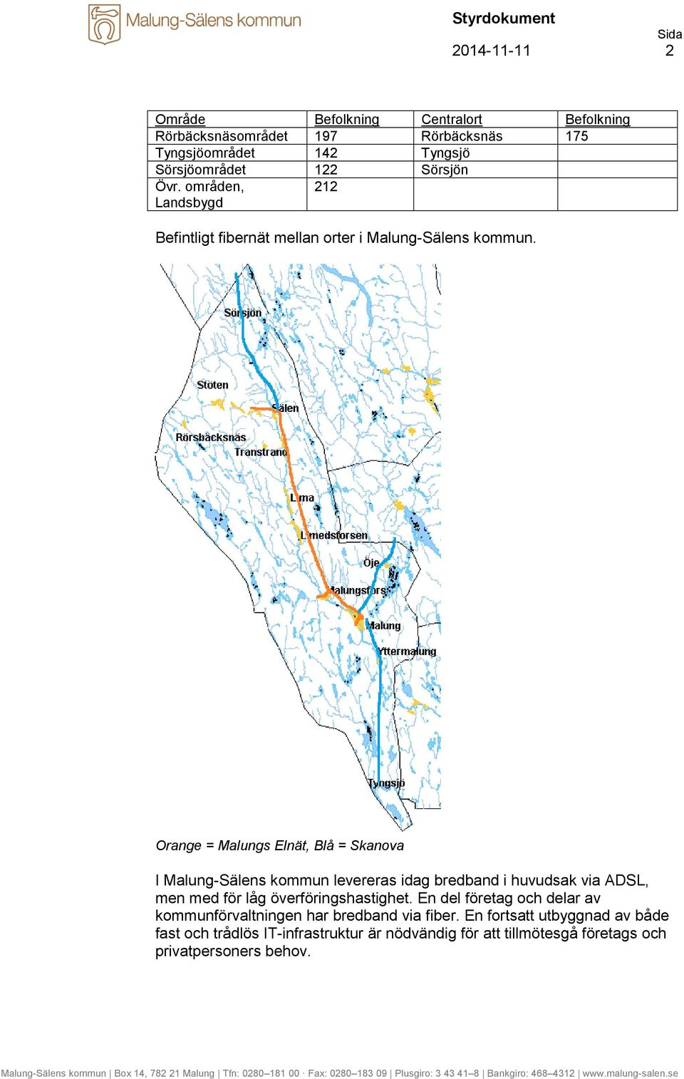 Orange = Malungs Elnät, Blå = Skanova I Malung-Sälens kommun levereras idag bredband i huvudsak via ADSL, men med för låg överföringshastighet.