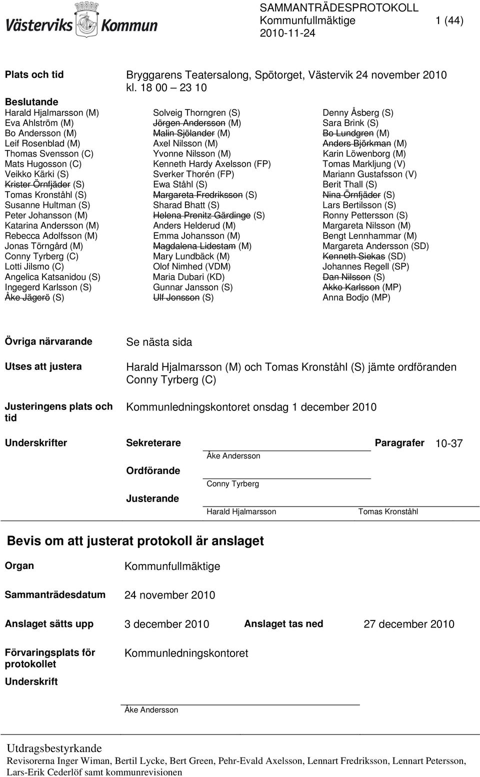Rosenblad (M) Axel Nilsson (M) Anders Björkman (M) Thomas Svensson (C) Yvonne Nilsson (M) Karin Löwenborg (M) Mats Hugosson (C) Kenneth Hardy Axelsson (FP) Tomas Markljung (V) Veikko Kärki (S)