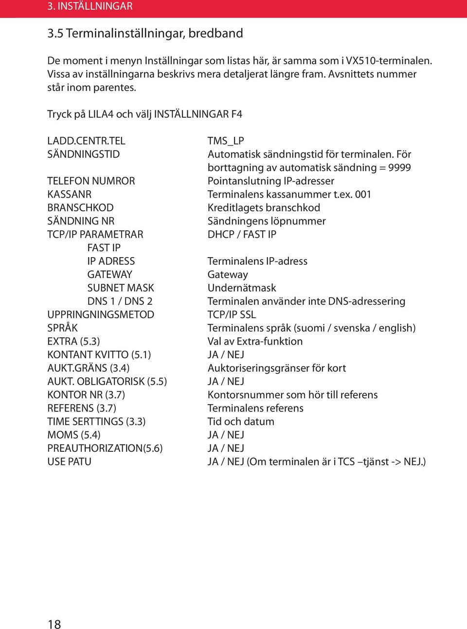 För borttagning av automatisk sändning = 9999 TELEFON NUMROR Pointanslutning IP-adresser KASSANR Terminalens kassanummer t.ex.