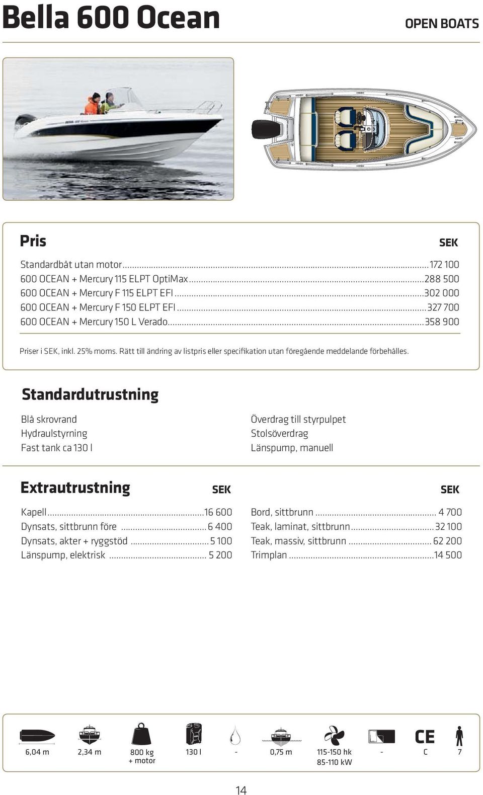 Blå skrovrand Hydraulstyrning Fast tank ca 130 l Överdrag till styrpulpet Stolsöverdrag Länspump, manuell Kapell...16 600 Dynsats, sittbrunn före...6 400 Dynsats, akter + ryggstöd.