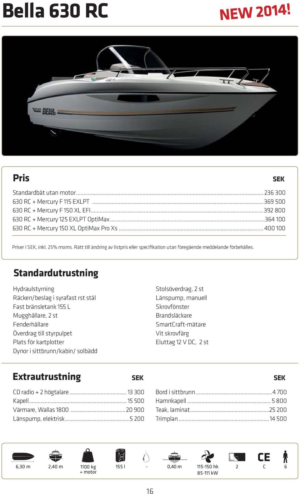 Hydraulstyrning Räcken/beslag i syrafast rst stål Fast bränsletank 155 L Mugghållare, 2 st Fenderhållare Överdrag till styrpulpet Plats för kartplotter Dynor i sittbrunn/kabin/ solbädd Stolsöverdrag,