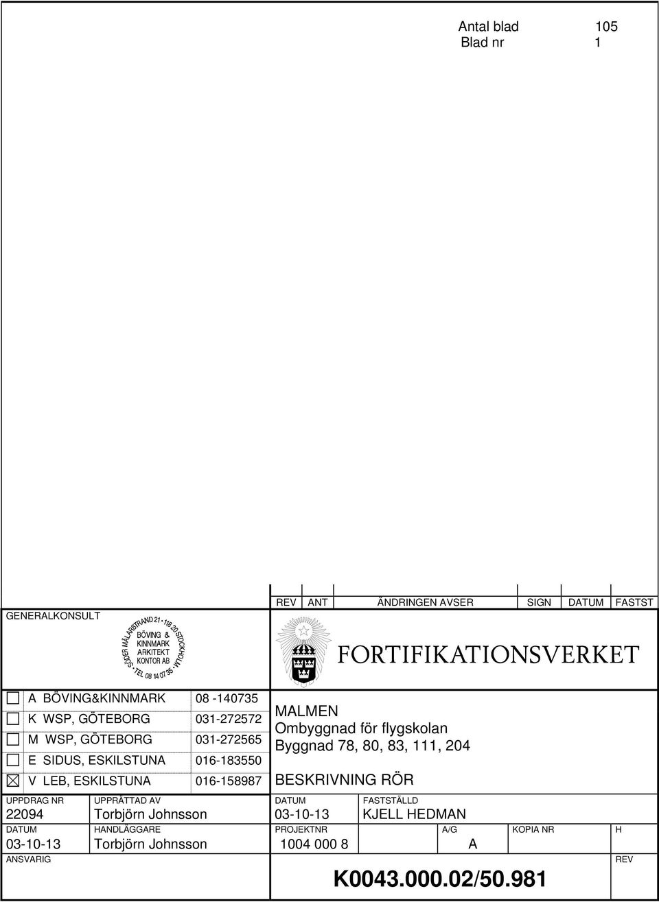 flygskolan Byggnad 78, 80, 83, 111, 204 BESKRIVNING RÖR UPPDRAG NR UPPRÄTTAD AV DATUM FASTSTÄLLD 22094 Torbjörn Johnsson