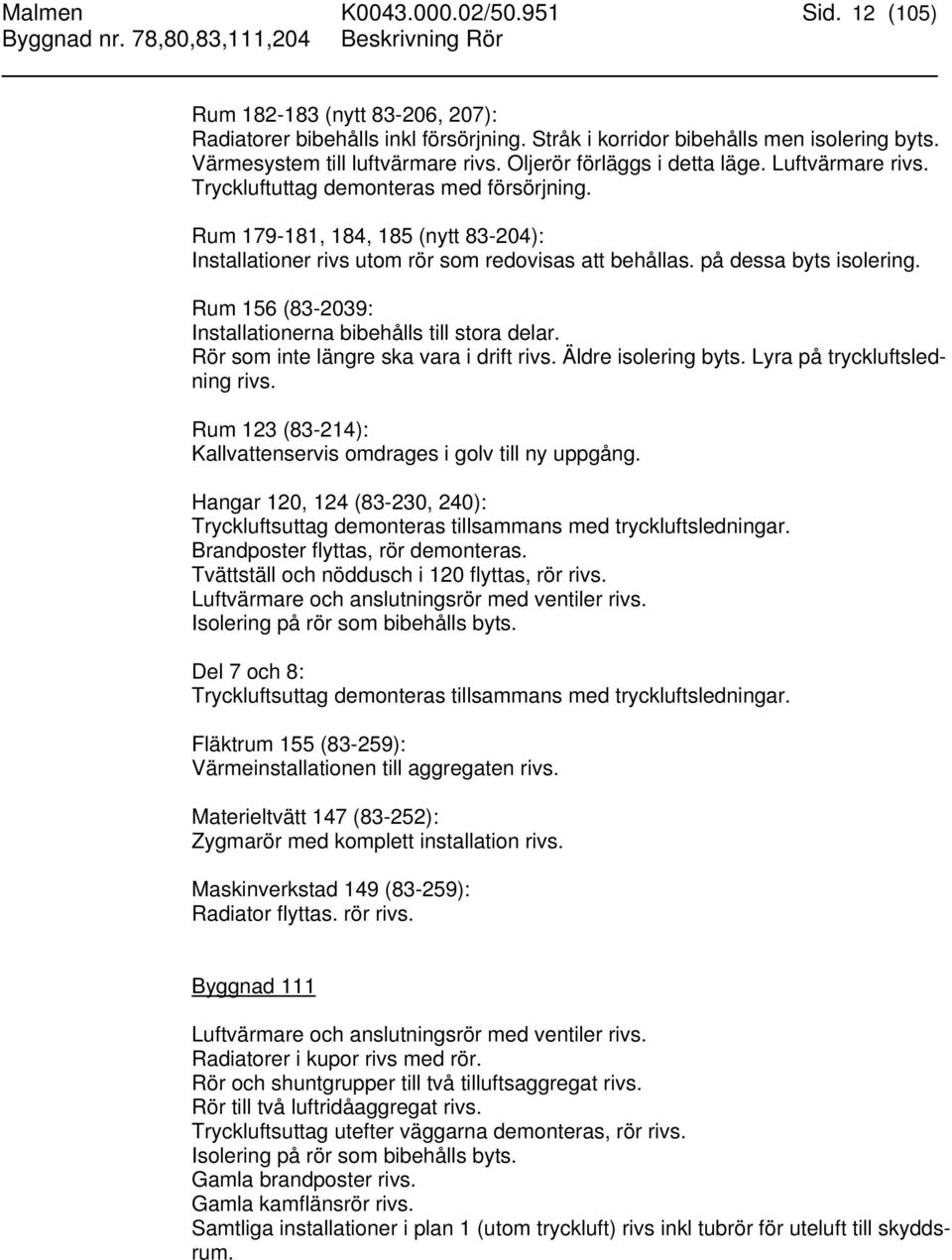 på dessa byts isolering. Rum 156 (83-2039: Installationerna bibehålls till stora delar. Rör som inte längre ska vara i drift rivs. Äldre isolering byts. Lyra på tryckluftsledning rivs.