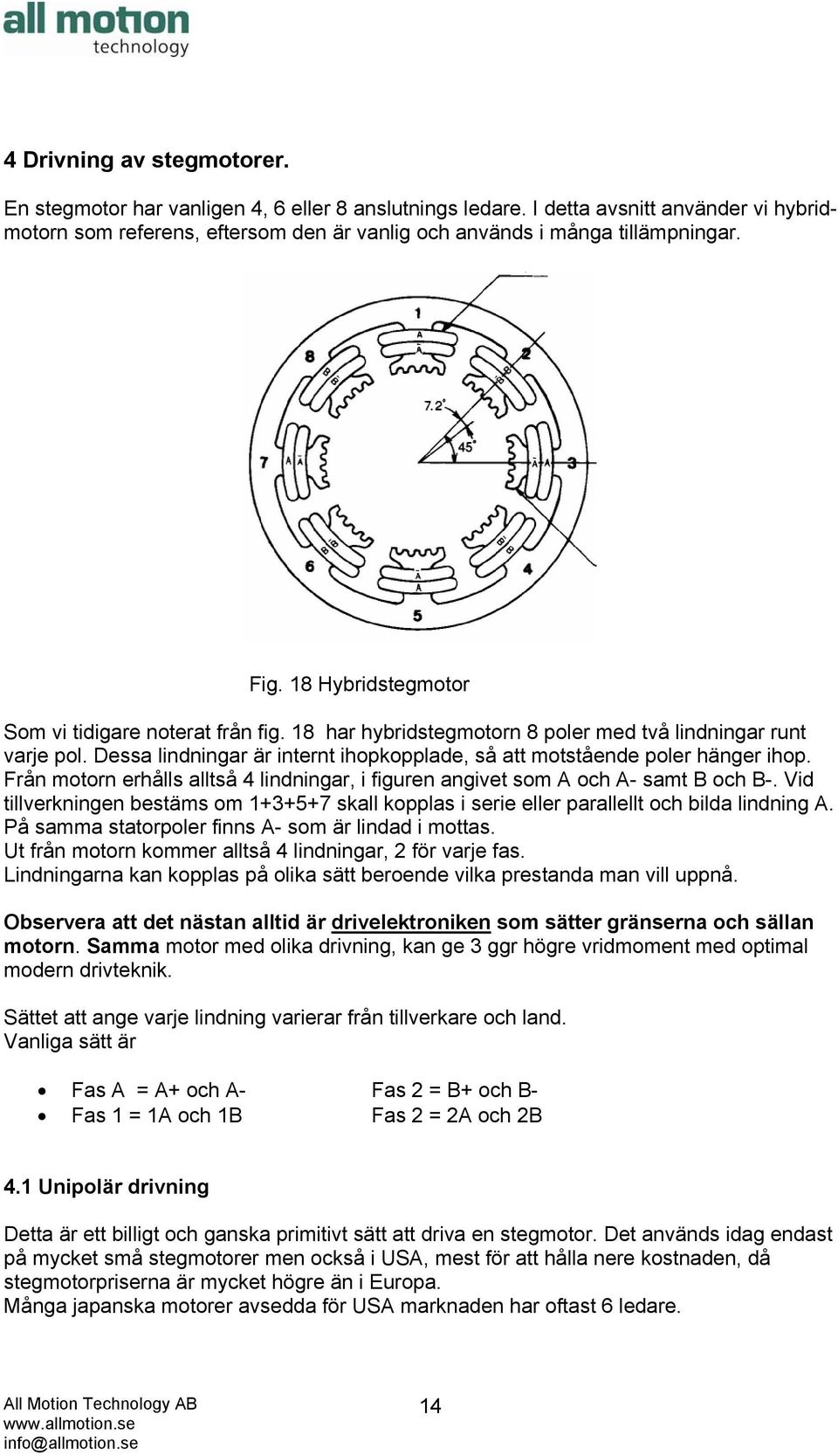 Dessa lindningar är internt ihopkopplade, så att motstående poler hänger ihop. Från motorn erhålls alltså 4 lindningar, i figuren angivet som A och A- samt B och B-.