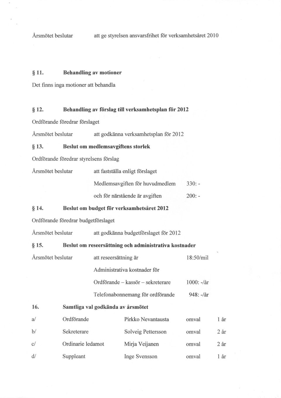 Beslut om medlemsavgiftens storlek Ordförande föredrar styrelsens förslag att fastställa enligt förslaget Medlemsavgiften för huvudmedlem 330: - och för närstående är avgiften 200: - 14.