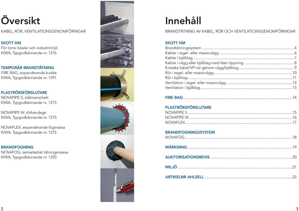 1275 BRANDFOGNING NOVAFOG, semielastisk tätningsmassa KIWA, Typgodkännande nr. 1290 Innehåll BRANDTÄTNING AV KABEL, RÖR OCH VENTILATIONSGENOMFÖRINGAR SKOTT HM Brandtätningssystem.