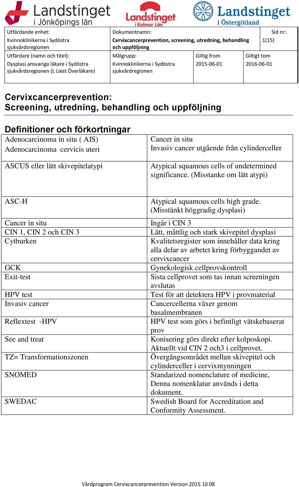 (Misstänkt höggradig dysplasi) Cancer in situ Ingår i CIN 3 CIN 1, CIN 2 och CIN 3 Lätt, måttlig och stark skivepitel dysplasi Cytburken Kvalitetsregister som innehåller data kring alla delar av