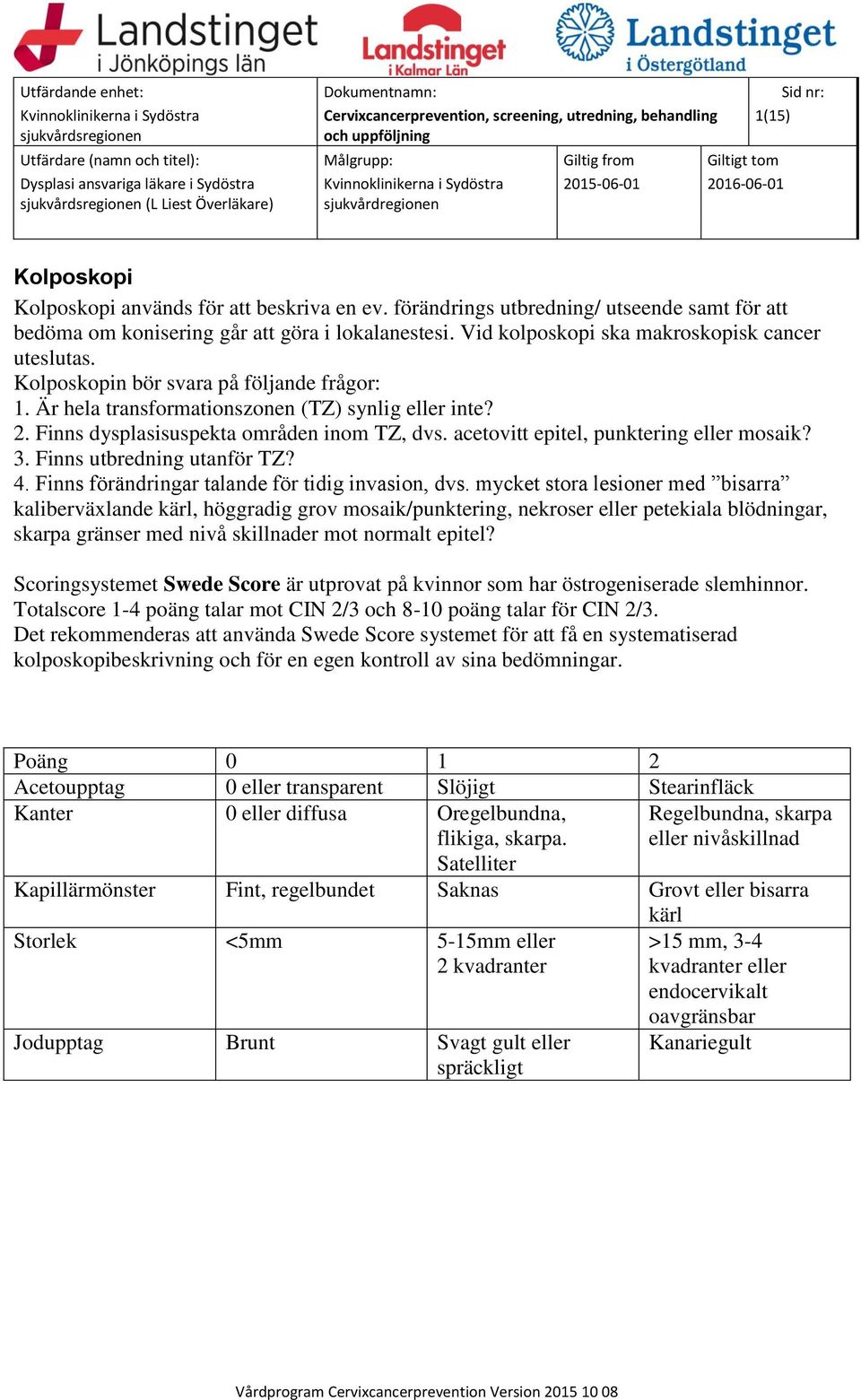 acetovitt epitel, punktering eller mosaik? 3. Finns utbredning utanför TZ? 4. Finns förändringar talande för tidig invasion, dvs.